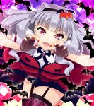  bat breasts claw_pose dress fangs fingerless_gloves garter_straps gloves hair_ornament hairband idolmaster idolmaster_(classic) kanraku large_breasts long_hair my_dear_vampire nail_polish open_mouth red_eyes shijou_takane silver_hair smile solo spider_web_print thighhighs 