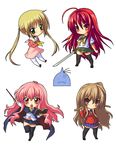  aisaka_taiga alastor_(shakugan_no_shana) alphonse_elric blonde_hair bokken book brown_eyes brown_hair chibi crossover fullmetal_alchemist green_eyes hayate_no_gotoku! jewelry kugimiya_rie long_hair louise_francoise_le_blanc_de_la_valliere midriff multiple_crossover multiple_girls oohashi_high_school_uniform pantyhose pendant pentacle pink_eyes pink_hair red_eyes red_hair rokko sanzen'in_nagi school_uniform seiyuu_connection serafuku shakugan_no_shana shana sword thighhighs toradora! twintails wand weapon white_background wooden_sword zero_no_tsukaima 