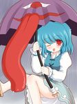  ;p blue_hair geta karakasa_obake one_eye_closed purple_umbrella rain red_eyes ry sandals short_hair solo tatara_kogasa tongue tongue_out touhou umbrella 