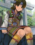  ainu ainu_clothes bangs boots brown_hair earrings face goe green_eyes headband jewelry knee_boots knees_together_feet_apart long_sleeves looking_at_viewer oekaki parted_bangs sitting smile solo torii tree valkyrie_profile yumei_(valkyrie_profile) 