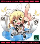  blonde_hair bow cosplay green_eyes hair_bow hayate_no_gotoku! headset instrument kagamine_rin kagamine_rin_(cosplay) keytar pointing sanzen'in_nagi solo tom_(drpow) twintails vocaloid 