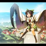  asymmetrical_clothes black_hair black_wings bow elbow_gloves gloves hair_bow long_hair nu_(plastic_eraser) red_eyes reiuji_utsuho single_glove single_thighhigh sitting socks solo thighhighs touhou wings 