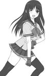  breasts gloves greyscale impossible_clothes impossible_shirt kurusugawa_ayaka large_breasts long_hair monochrome one_eye_closed school_uniform shichimenchou shirt simple_background solo thighhighs to_heart 