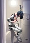  android bad_id bad_pixiv_id bathroom black_eyes blue_hair breasts cleavage hairband head_tilt highres large_breasts original robot_joints short_hair sitting solo sukabu 