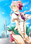  duplicate green_eyes highres kneeling kumano_yuzuko pink_hair solo 