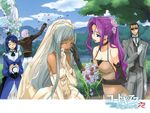  3girls absurdres blue_hair bouquet breasts bride cecile_croomy closed_eyes code_geass cornelia_li_britannia dress elbow_gloves flower formal gilbert_guilford gloves highres kimura_takahiro large_breasts lloyd_asplund long_hair multiple_boys multiple_girls ookouchi_ricca purple_eyes purple_hair short_hair silver_hair suit sunglasses tears villetta_nu wedding_dress 