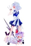  :d bad_id bad_pixiv_id blood dress from_behind hat izayoi_sakuya kazune_(baumkuchen) knife looking_back lying maid multiple_girls on_stomach open_mouth red_eyes remilia_scarlet short_hair smile socks standing tongue touhou wings 