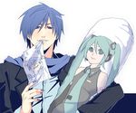  aqua_eyes aqua_hair blue_eyes blue_hair blue_scarf child_drawing dakimakura_(object) detached_sleeves drawing formal hatsune_miku headphones headset kaito long_hair looking_at_viewer male_focus mouth_hold nail_polish necktie pillow pillow_hug scarf simple_background smile solo suit tomo_(damejin) twintails vocaloid white_background 