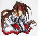  brown_eyes brown_hair guilty_gear headband male_focus maon marker_(medium) order-sol ponytail signature sol_badguy solo traditional_media upper_body 
