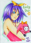  &gt;_&lt; blue_eyes camisole closed_eyes hair_ribbon hiiragi_tsukasa hug lucky_star maon marker_(medium) pig purple_hair ribbon signature solo star stuffed_animal stuffed_toy traditional_media 