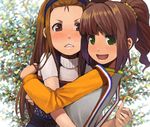  blush brown_eyes brown_hair face goe hairband hug idolmaster idolmaster_(classic) long_hair minase_iori multiple_girls raglan_sleeves smile suspenders takatsuki_yayoi 