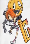  :/ a.b.a bags_under_eyes bandages blood chain chibi green_eyes guilty_gear hair_over_one_eye key key_in_head maon marker_(medium) orange_hair oversized_object paracelsus short_hair shorts solo stitches traditional_media 
