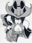  bare_shoulders big_hat breasts cleavage detached_sleeves fingerless_gloves gloves greyscale guilty_gear i-no large_breasts leaning_forward maon marker_(medium) monochrome scan scan_artifacts short_hair signature solo traditional_media 