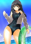  amasora_taichi black_hair blush green_eyes innertube jacket ocean one-piece_swimsuit original smile solo swimsuit water 