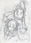  back-to-back detached_sleeves graphite_(medium) greyscale hair_ribbon happy hatsune_miku holding_hands kagamine_rin looking_up maon monochrome multiple_girls ribbon short_hair signature sketch thighhighs traditional_media twintails vocaloid zettai_ryouiki 
