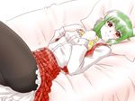  ascot ass bed dutch_angle green_hair hands_on_own_chest kazami_yuuka lying on_back pantyhose pillow plaid plaid_skirt plaid_vest red_eyes short_hair skirt skirt_set smile solo supon touhou vest 