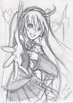  ahoge detached_sleeves graphite_(medium) greyscale hands happy hatsune_miku headphones long_hair maon monochrome outstretched_arm outstretched_hand reaching signature sketch solo traditional_media twintails vocaloid 