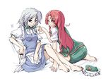  barefoot collaboration feet hat hat_removed headwear_removed hirase_yuu hong_meiling izayoi_sakuya ko-&gt;u multiple_girls oekaki red_hair short_hair silver_hair smile touching touhou 