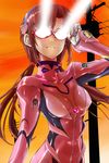  adjusting_eyewear bodysuit brown_hair evangelion:_2.0_you_can_(not)_advance eye_beam glasses hairband long_hair makinami_mari_illustrious neon_genesis_evangelion pink_bodysuit plugsuit power_lines puspus rebuild_of_evangelion solo sunset 