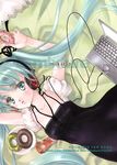  aqua_eyes aqua_hair bad_id bad_pixiv_id blush cable computer doughnut dress food hatsune_miku headphones long_hair lying minakami_kaori solo twintails vocaloid 