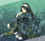  alice_(wonderland) alice_in_wonderland bad_id bad_pixiv_id black_hair black_nails boots buckle card chain dress hair_ribbon long_hair lying_card nail_polish pocket_watch ribbon silk solo spider_web stuffed_animal stuffed_bunny stuffed_toy tonoshiro watch 