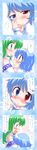  4koma absurdres blue_eyes blue_hair blush comic detached_sleeves geetsu green_eyes green_hair heterochromia highres kochiya_sanae long_hair long_image multiple_girls red_eyes short_hair tall_image tatara_kogasa tears touhou translated 