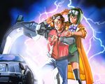  1girl 80s back_to_the_future car crossover delorean ebinera green_hair ground_vehicle gullwing_doors idolmaster idolmaster_(classic) lightning marty_mcfly motor_vehicle oldschool otonashi_kotori parody sleeves_rolled_up thighhighs time_machine 