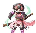  armor black_hair flower hair_flower hair_ornament holding holding_sword holding_weapon j-e-m-g japanese_clothes momohime oboro_muramasa ready_to_draw solo sword weapon 