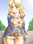  belt blonde_hair blush breasts bursting_breasts cecilia_lynne_adelhyde cleavage collarbone green_eyes hairband huge_breasts jon_shicchiou miniskirt red_hairband revealing_clothes short_hair skindentation skirt solo wild_arms wild_arms_1 