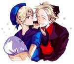  axis_powers_hetalia beret blonde_hair blue_eyes closed_eyes denmark_(hetalia) donald_duck_sailor_hat garrison_cap hat male_focus multiple_boys norway_(hetalia) pout sailor sailor_hat smile stuffed_animal stuffed_toy suou 