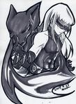  bare_shoulders blindfold eddie_(guilty_gear) gloves greyscale guilty_gear long_hair maon marker_(medium) monochrome monster shadow signature skin_tight traditional_media zato-1 
