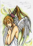  blonde_hair closed_eyes feathers hands_on_own_chest long_hair maon marker_(medium) millipen_(medium) original ponytail praying profile signature sketch solo traditional_media wings 