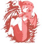  barefoot crossed_arms feet hat hirase_yuu legs_up monochrome oekaki pink pointy_ears red remilia_scarlet ribbon short_hair smile smirk solo touhou wings 