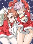  blue_background blue_eyes brown_eyes brown_hair christmas gift gloves hair_ribbon holding holding_gift jon_shicchiou legs long_hair multiple_girls one_eye_closed pantyhose pink_hair raquel_applegate ribbon santa_costume skirt smile snow twintails two_side_up white_gloves white_legwear wild_arms wild_arms_4 yulie_ahtreide 
