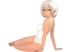  arm_support barefoot blue_eyes bob_cut copyright_request grey_eyes grey_hair kiriman_(souldeep) one-piece_swimsuit open_mouth short_hair solo swimsuit tan 