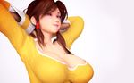  3d arms_behind_head artist_request blush breasts brown_hair cleavage copyright_request grey_eyes highres large_breasts no_bra short_hair solo wallpaper 