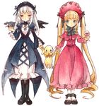  blonde_hair blue_eyes bonnet cup dress drill_hair drinking_glass frills hairband kunkun long_hair multiple_girls nesu_(nsm888) pipe red_eyes rozen_maiden shinku silver_hair suigintou traditional_media twintails watercolor_(medium) wine_glass wings 