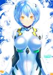 2009 alternate_breast_size alternate_eye_color artist_name ayanami_rei bad_id bad_pixiv_id bangs blue_hair blush bodysuit bracer breasts breasts_apart covered_nipples cowboy_shot dated hair_between_eyes hair_ornament hips impossible_bodysuit impossible_clothes large_breasts looking_at_viewer neon_genesis_evangelion orange_eyes parted_lips pilot_suit plugsuit rondo_bell short_hair sketch skin_tight slender_waist solo turtleneck white_bodysuit 