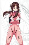  bodysuit brown_hair crossed_arms glasses makinami_mari_illustrious neon_genesis_evangelion ooike_teru pink_bodysuit plugsuit rebuild_of_evangelion solo twintails 