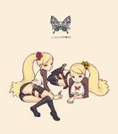  belt blonde_hair blue_eyes bug butterfly copyright_request flower gun hair_flower hair_ornament insect kaieda_hiroshi kneehighs kunai long_hair lying multiple_girls shorts siblings side_ponytail simple_background sisters socks thigh_strap twins weapon 