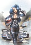  animal_ears big_hair blue_eyes blue_hair bodysuit breasts car cat_ears cleavage felicia grin ground_vehicle helmet large_breasts motor_vehicle omar_dogan racecar racing_suit shiny shiny_skin signature smile solo tail udon_entertainment unzipped v vampire_(game) 