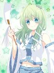  bad_id bad_pixiv_id bare_shoulders blush detached_sleeves frog gohei green_eyes green_hair hair_ornament hands jewelry kai_aki kochiya_sanae midriff navel necklace smile snake solo touhou undefined_fantastic_object 