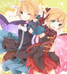  1girl :d ;p arm_hug ascot blonde_hair blue_eyes bow brother_and_sister brown_gloves cape elbow_gloves gloves hair_bow hair_ribbon kagamine_len kagamine_rin one_eye_closed open_mouth pleated_skirt ribbon siblings skirt smile tongue tongue_out v vocaloid wind yonema 