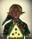  blonde_hair closed_eyes earrings glowing hat jewelry link male_focus pointy_ears ryuudou_takeshi solo the_legend_of_zelda triforce tunic 