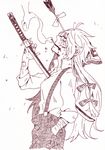  arrow arrow_in_head bad_id bad_pixiv_id bandaid bandaid_on_face blood bow cigarette collared_shirt cowboy_shot fujiwara_no_mokou hair_bow hand_in_pocket hosomitimiti impaled long_hair looking_up monochrome open_collar profile scratches shirt smoking solo stabbed suspenders sword tears touhou weapon 