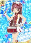  artist_request band_uniform boots card_(medium) drum drumsticks fang gloves hat hat_feather instrument knee_boots long_hair mahou_shoujo_madoka_magica official_art ponytail red_eyes red_hair sakura_kyouko skirt smile solo trading_card white_gloves 