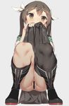  aida_takanobu anus ass asymmetrical_legwear brown_eyes brown_hair censored elbow_gloves gloves hair_ribbon kantai_collection looking_away no_panties pelvic_curtain pointless_censoring pussy remodel_(kantai_collection) ribbon single_elbow_glove single_thighhigh skirt skirt_lift solo squatting thighhighs tone_(kantai_collection) twintails white_ribbon 