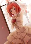  bare_shoulders blush bouquet dress elbow_gloves flower gloves looking_at_viewer love_live! love_live!_school_idol_festival love_live!_school_idol_project nishikino_maki purple_eyes red_hair rose short_hair solo tiara wedding_dress whiisky white_gloves 