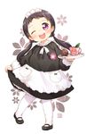  ;d apron black_hair blush child cup dirty_clothes full_body hair_bobbles hair_ornament kito_(sorahate) long_hair looking_at_viewer low_twintails maid maid_headdress mary_janes mudball one_eye_closed open_mouth original pantyhose purple_eyes shoes simple_background smile solo tray twintails waist_apron white_background white_legwear 