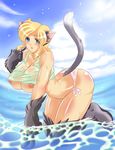  1girl animal_ears areolae bikini blonde_hair blue_eyes breasts buieito cat_ears cat_tail curvy female green_eyes heterochromia highres huge_breasts kneeling long_hair nipples no_bra ocean open_mouth original paws shirt shirt_lift solo swimsuit tail water wet white_bikini white_swimsuit 